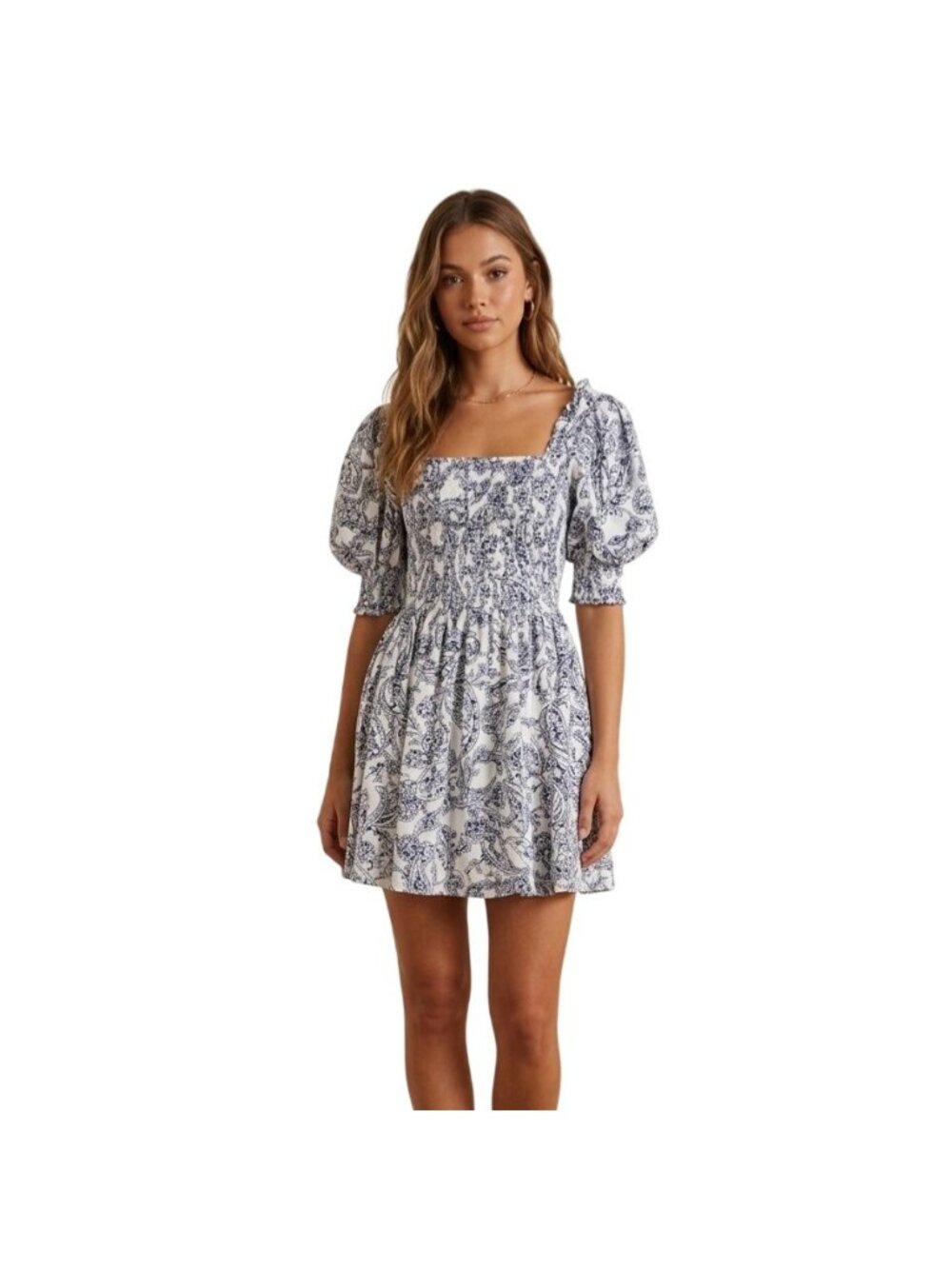 1.State Smocked Floral Puff Sleeve Dress M Coquette Fairy Romantic Ruffle